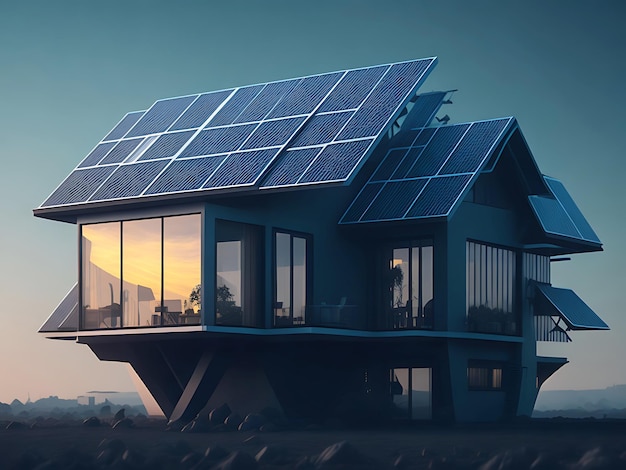 Futuristisch generiek slim huis met zonnepanelensysteem op generatieve AI op het dak