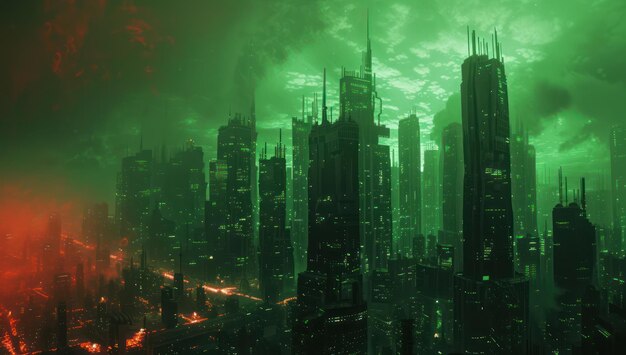 Futuristisch groen gloeiend stadsbeeld's nachts met wolkenkrabbers en reflecties