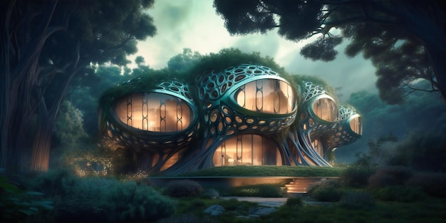 Futuristisch huis met bomen eromheen