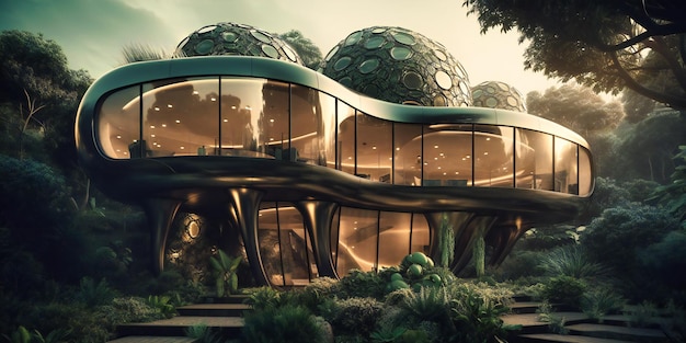 Futuristisch huis met bomen eromheen