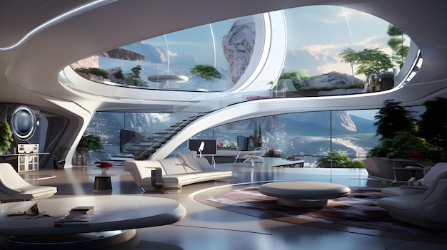 Futuristisch huis met hightech laboratoria, planten, generatieve AI.