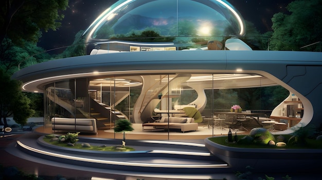 Futuristisch huis met hightech laboratoria, planten, generatieve AI.