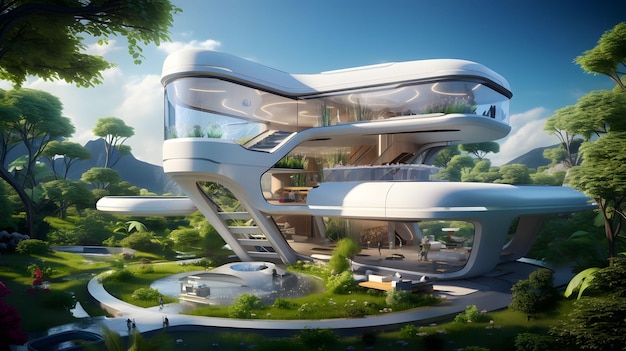 Futuristisch huis met hightech laboratoria, planten, generatieve AI.