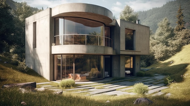 Futuristisch huis met twee verdiepingen van glas en cement in het bos avantgarde architectuurconcept