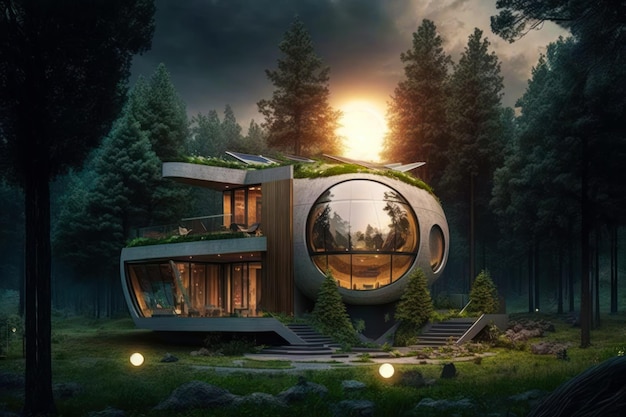 Futuristisch huis midden in het bos Generatieve AI