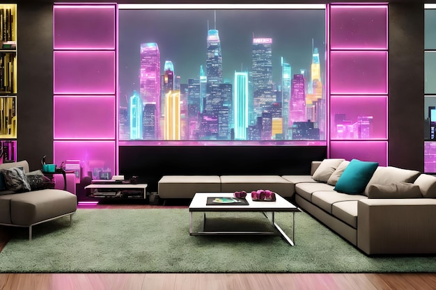 Futuristisch interieur luxe modern huis met neonlicht generatieve kunst door AI