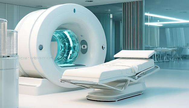 futuristisch interieur van een medische kamer met een MRI aan de muur