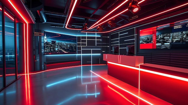 Futuristisch interieurontwerp van een hightech commandocentrum met rode neonlichten moderne stijlvolle cyberpunk esthetische AI