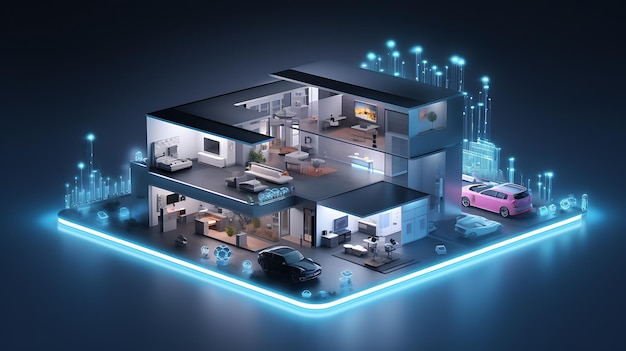 Futuristisch internetgekoppeld slim huis met verschillende apparaten