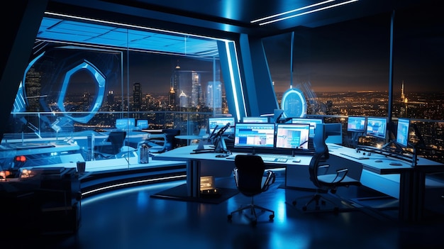 Foto futuristisch kantoor 's nachts verlicht door blauwe verlichtingsapparatuur