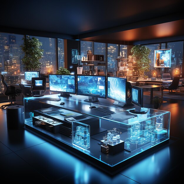 Futuristisch kantoor verlicht door blauwe verlichtingsapparatuur