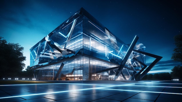 futuristisch kantoorgebouw met verlicht staal en glas