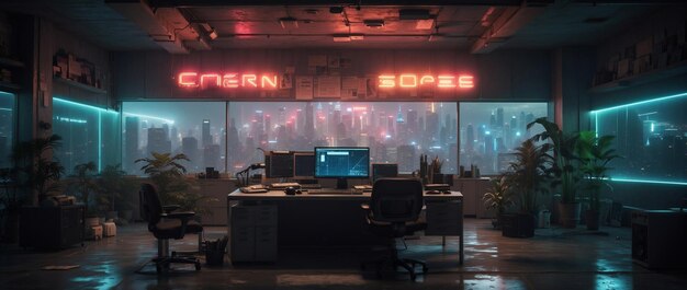 Foto futuristisch kantoorinterieur neonverlichting hightech sfeer
