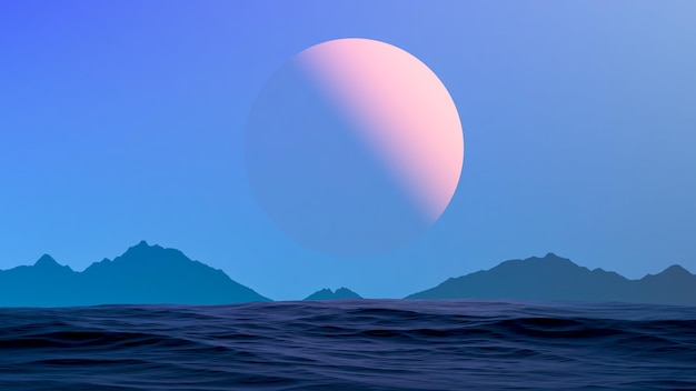 Futuristisch landschap van de zee en een oranje planeet aan de horizon met bergsilhouetten Blauwe zee en planeetAbstract futurismelandschap 3D render