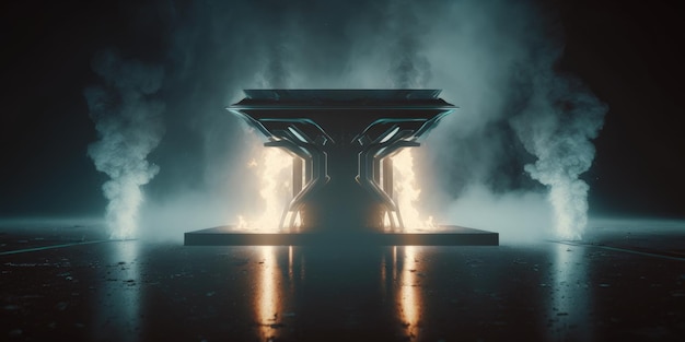 futuristisch leeg podiumpodium met rook en neonlicht generatief ai scifi buitenaards standplatform