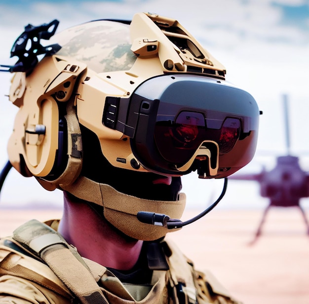 Futuristisch leger en soldaat in een bril van virtual reality Drone-operator en de toekomst van oorlogsvoering