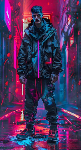 Foto futuristisch mannelijk model met led cyberpunk sneakers fashion ar high fashion trendy pose collectie