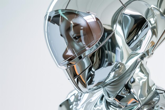 Futuristisch meisje in een zilveren pak in de stijl van neurocore.