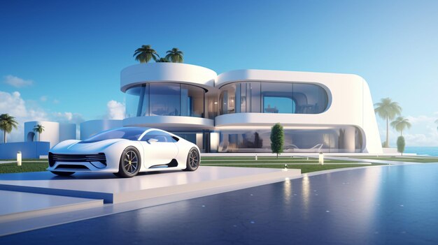 Futuristisch modern huis met een super auto buiten.