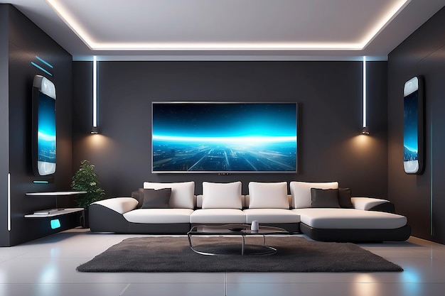 Futuristisch modern interieur met monitorbank en verlichting