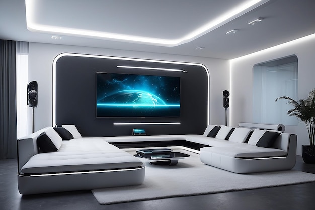 Futuristisch modern interieur met monitorbank en verlichting