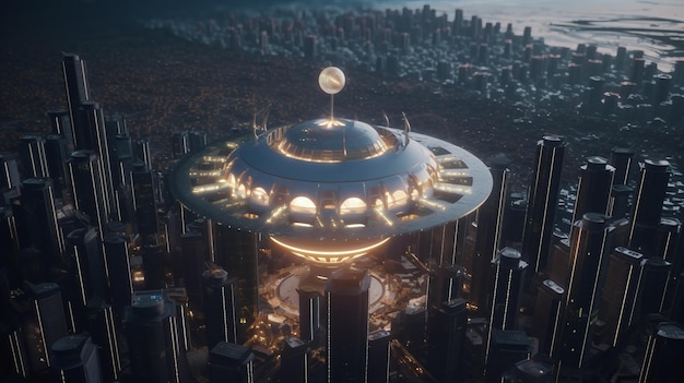 Futuristisch nachtelijk stadsbeeld Een surrealistische SciFi VFX-weergave van een tempelstad en ruimtehaven in 8K-resolutie