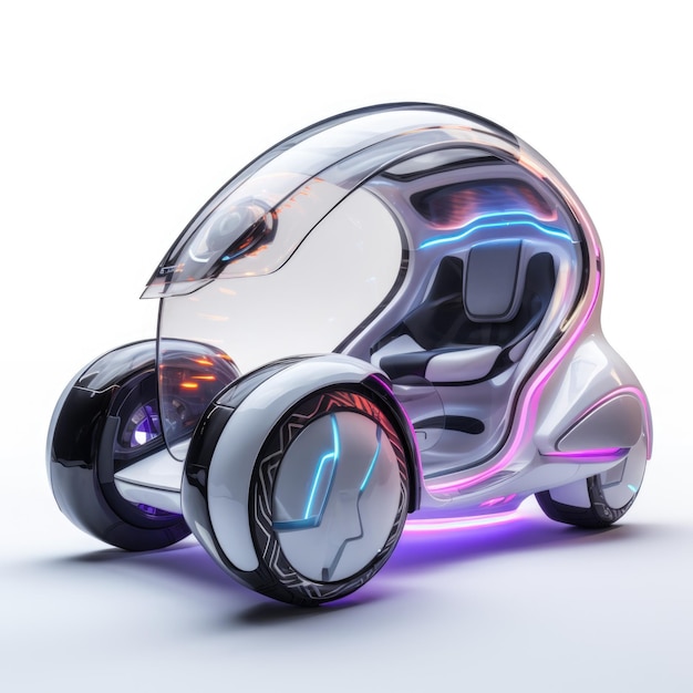 Futuristisch ontworpen mini-auto met één zitplaats, drie wielen en weerbestendige schaal