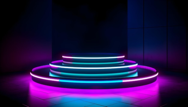 Futuristisch podium kleurrijke neonlichten podia kamer achtergrond en achtergrond leeg podium voor productvertoning of presentaties abstract modern Perfect voor vitrines en moderne projecten 3D Rendering