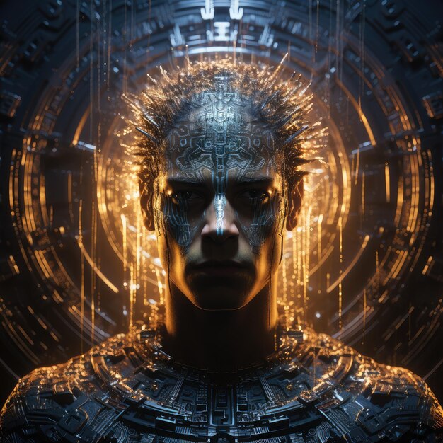 Foto futuristisch portret dat de harmonie tussen mens en technologie laat zien