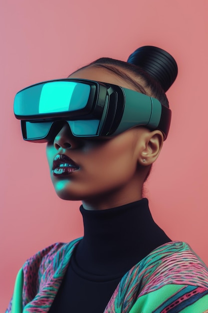 Futuristisch portret van Afrikaans meisje VR-helm op roze achtergrond