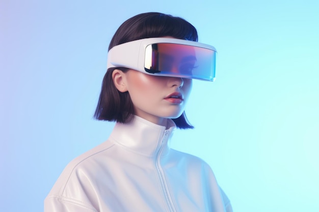 Futuristisch portret van een brunette met een virtual reality bril op een roze achtergrond