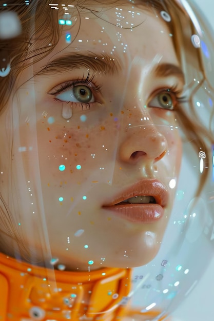 Futuristisch portret van een jonge vrouw met een holografische interface en gloeiende digitale elementen