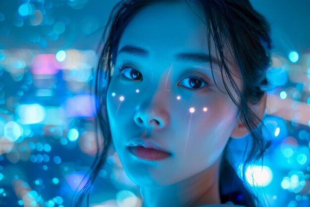 Futuristisch portret van een jonge vrouw met neonverlichting en bokeh-effect in een stedelijke nachtelijke omgeving