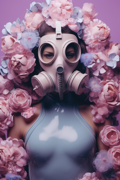 Futuristisch portret van een meisje met een gasmasker versierd met roze bloemen
