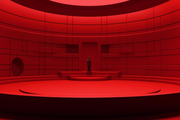 Futuristisch rood interieur met een man in een pak