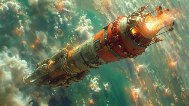 Futuristisch ruimteschip dat de atmosfeer binnengaat met vuur- en rookillustratie