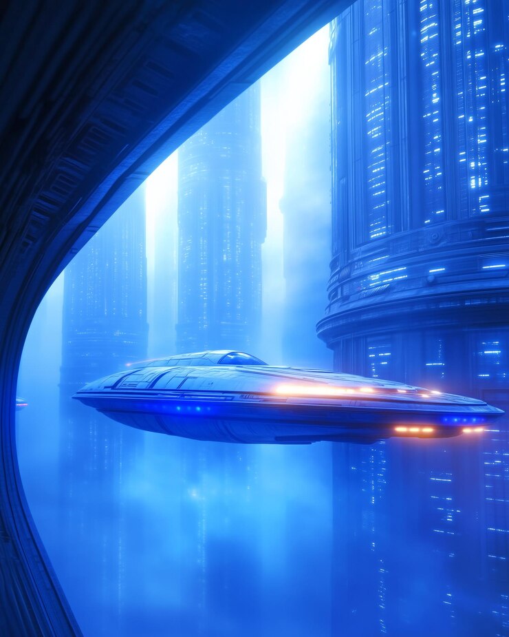 Futuristisch ruimteschip glijdt door een neon stadsbeeld