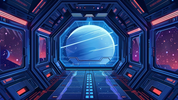 Futuristisch ruimtestation met uitzicht op een verre planeet geavanceerde technologie slank ontwerp