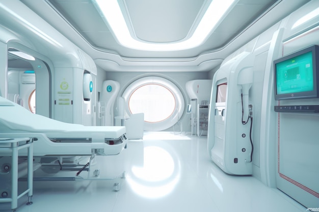 Futuristisch schoon leeg ziekenhuis met medische hulpmiddelen en reflecterende vloeren
