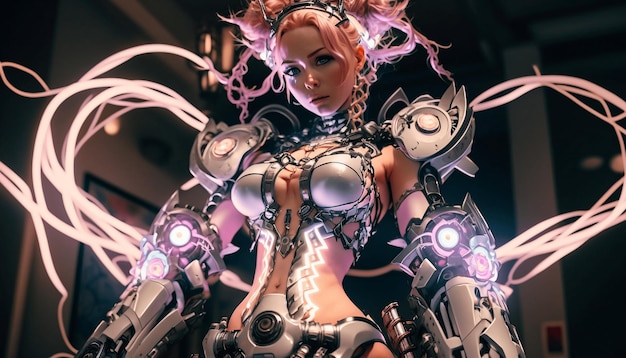 Foto futuristisch sci-fi cyberpunk cyborgmeisje met neonlichten. digitale illustratie