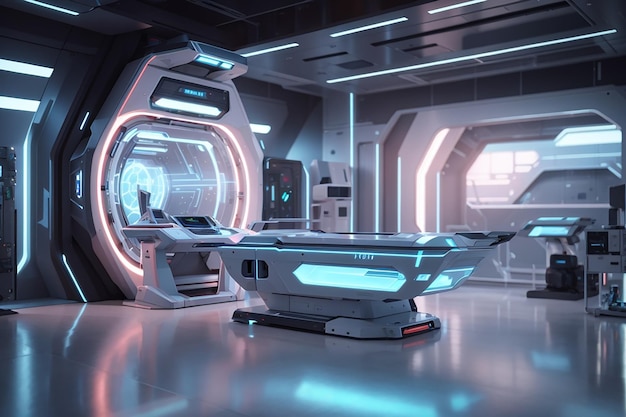 Futuristisch scifi-onderzoekskamerinterieur met hologrammachine 3d-rendering