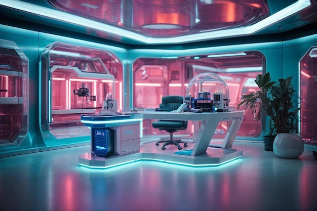 Futuristisch scifi-onderzoekskamerinterieur met hologrammachine 3d-rendering