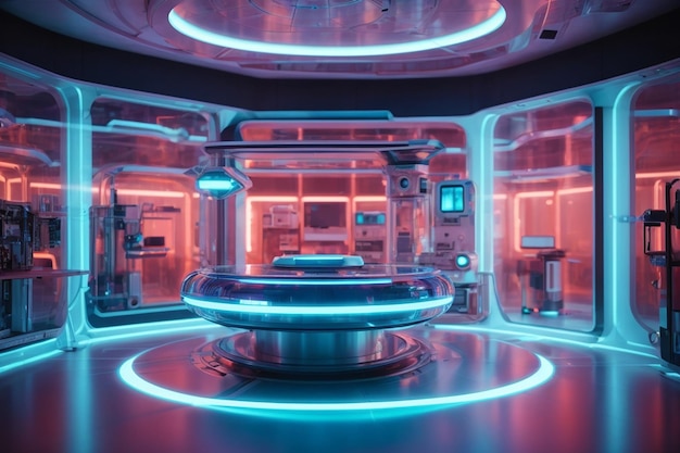 Futuristisch scifi-onderzoekskamerinterieur met hologrammachine 3d-rendering