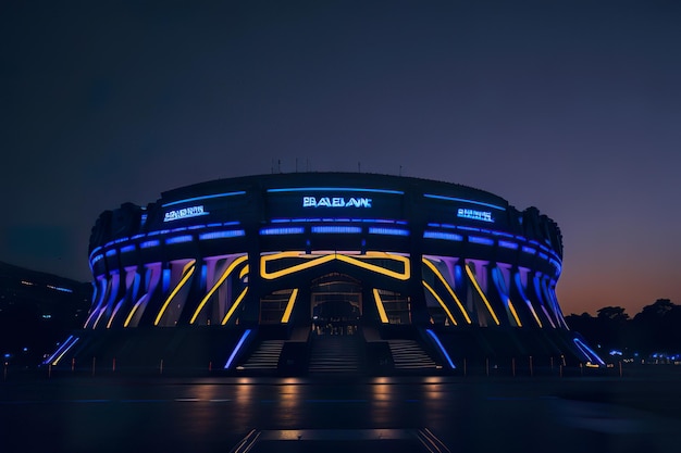 Futuristisch stadion met modern ontwerp met neonverlichting's nachts Generatieve AI