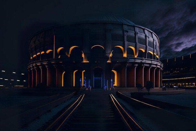 Foto futuristisch stadion met modern ontwerp met neonverlichting's nachts generatieve ai