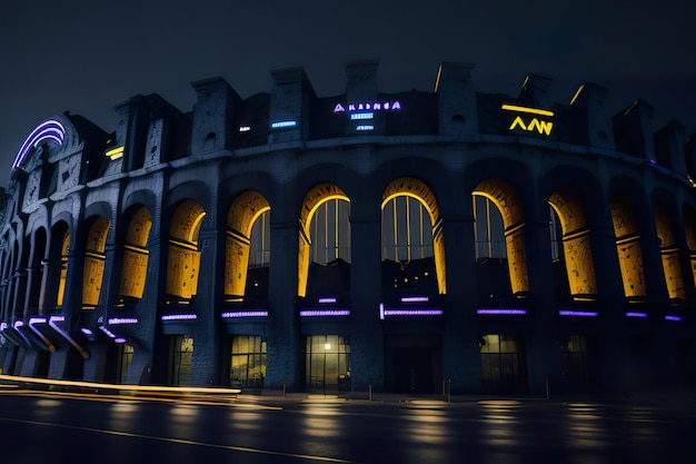 Futuristisch stadion met modern ontwerp met neonverlichting's nachts Generatieve AI