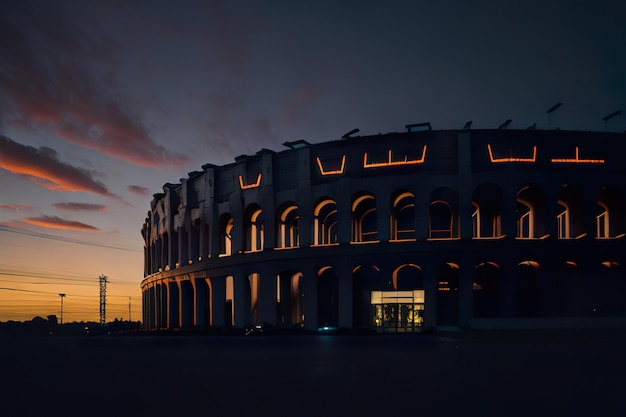 Futuristisch stadion met modern ontwerp met neonverlichting's nachts Generatieve AI
