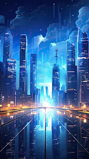 Futuristisch stadsbeeld gebouw drijft over de lucht slanke wolkenkrabbers glinsterend onder het neonlicht
