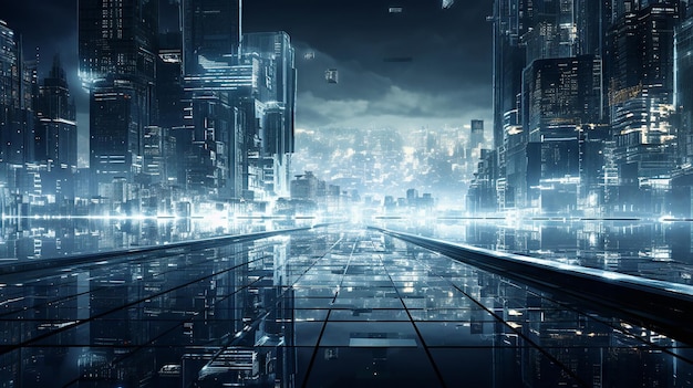 Foto futuristisch stadsbeeld gemaakt van microchips en gloeiende circuits met een monochromatisch palet en hightech sfeer.