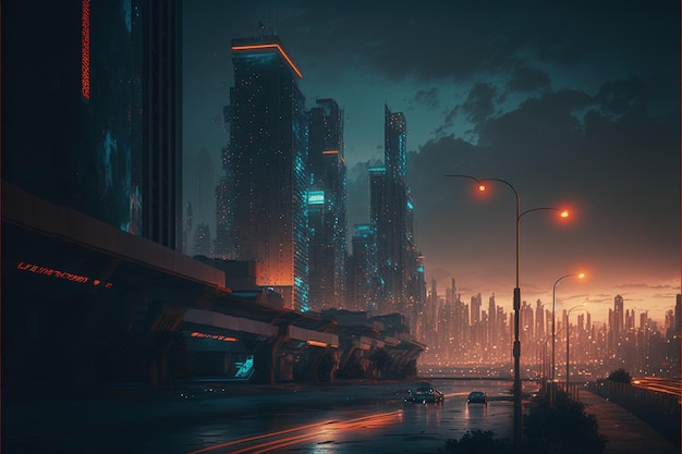 Futuristisch stadsbeeld in de nacht met neonlichtachtergrond